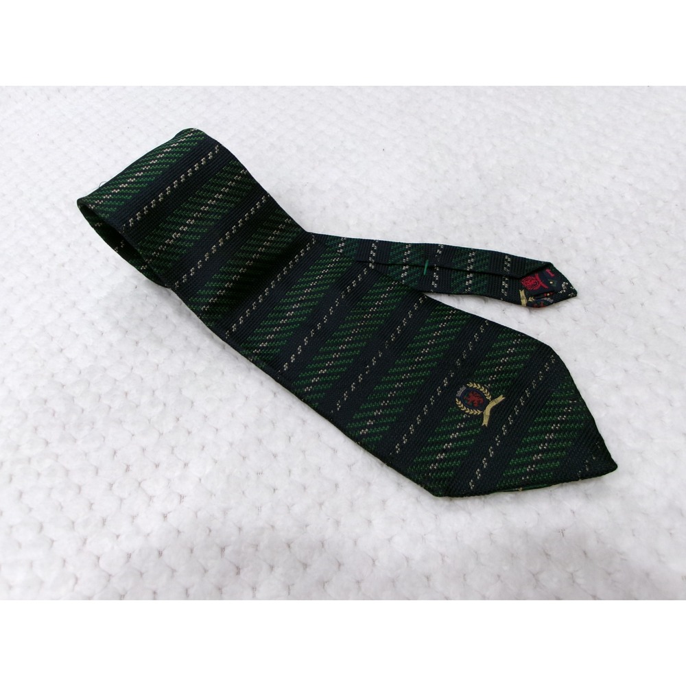 Tommy Hilfiger 3.75x58 Necktie Navy Green Striped Crest 100% Italian Silk USA